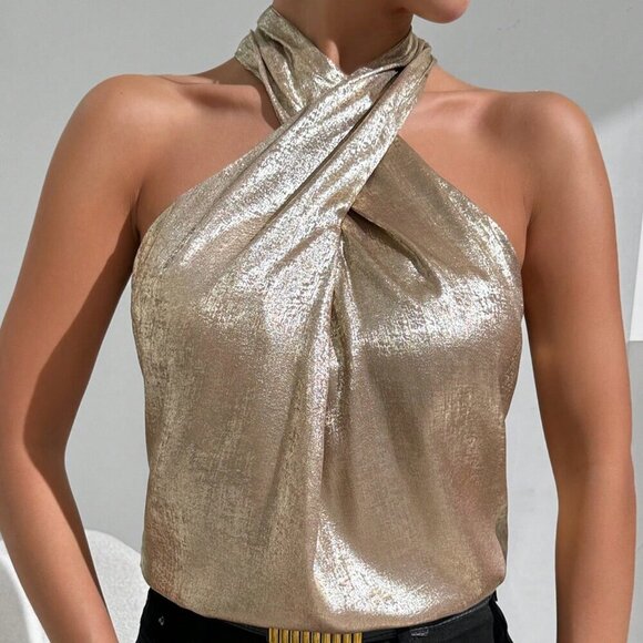 Tops - Gold Party Women's Summer Metallic Fabric Crisscross Halter Neck Blouse